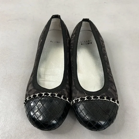 Stuart Weitzman Fannie Quilted Girls Leopard Ballet Flats Chain